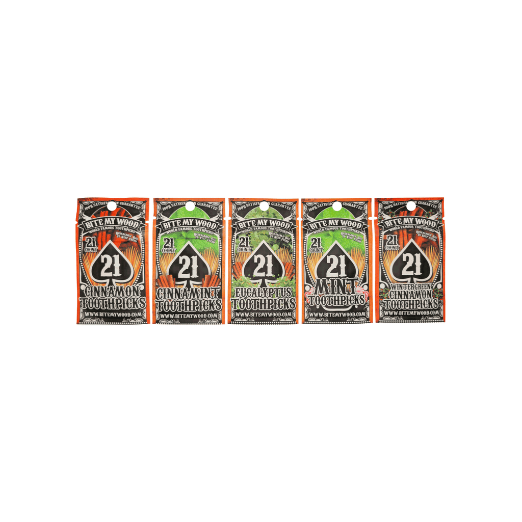 BiteMyWood Flavored Birchwood Toothpicks in Plastic Reusable Bag 21 qty 5 Flavors To Choose From