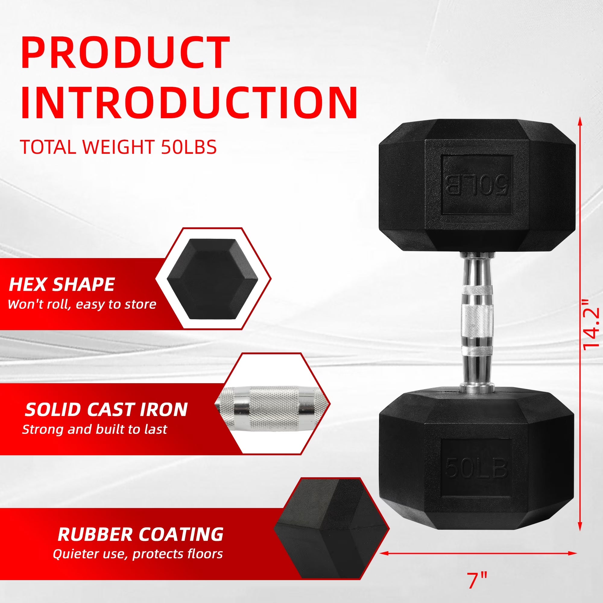 Rubber Encased Hex Dumbbell, 50Lbs, Single